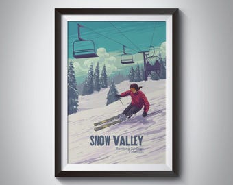 Póster de viaje a la estación de esquí Snow Valley, California, snowboard, Running Springs, Bosque Nacional de San Bernardino, impresión de viaje vintage, esquí