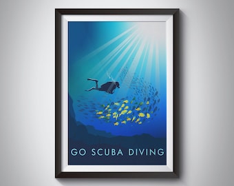 Go Scuba Diving Print, Taucher Reiseplakat, Tiefseetauchen Kunst, Geschenk für Taucher, Abenteuersport,Schnorcheln, Ozean, Vintage