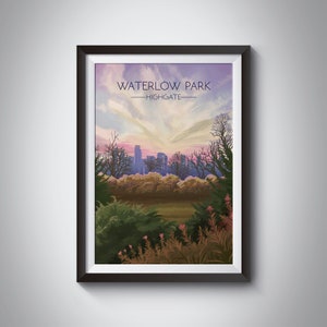 Waterlow Park Poster, Highgate London Travel Poster, London Skyline Wall Art, North London, Highgate Cemetery, Vintage Print, Framed Artwork