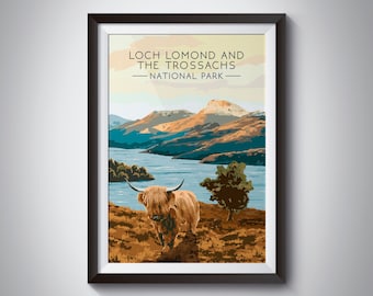 Loch Lomond & The Trossachs National Park Poster, Retro Travel Print, Highland Cow, Scotland, Scottish Highlands, Cairngorms, Loch Ness