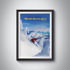Whitefish Mountain Resort Poster, Glacier National Park Montana USA, Flathead National Forest, Snowboarding, Vintage Ski Resort Print Art