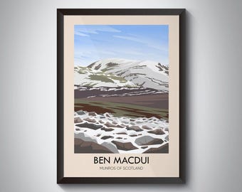 Reisposter Ben Macdui Munros of Scotland, Cairngorm National Park, Scottish Mountains, vintage print, Ben Nevis, wandelcadeau, Highlands