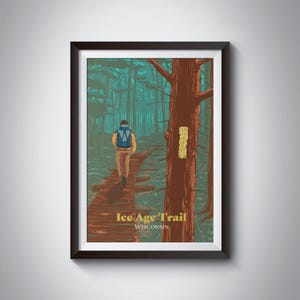 Póster de la Ruta de la Edad de Hielo de Wisconsin, Impresión de viaje por EE. UU., Senderismo de larga distancia, Senderismo de larga distancia, Apalaches, Cresta del Pacífico, John Muir, Mochilero, Senderismo imagen 1