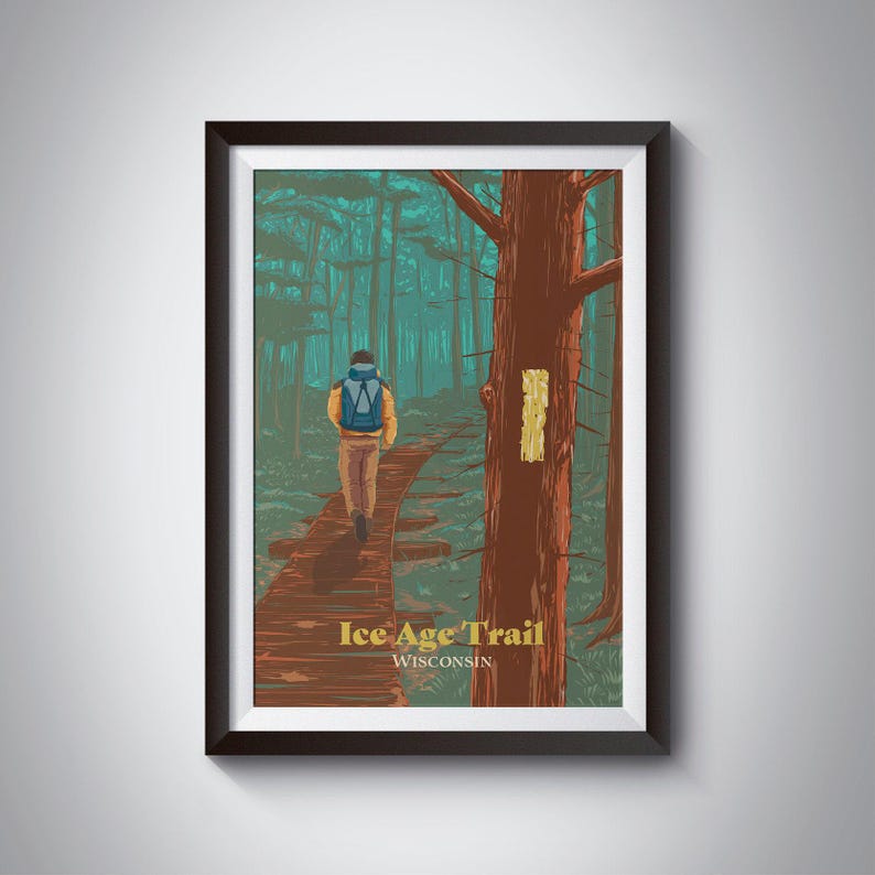 Póster de la Ruta de la Edad de Hielo de Wisconsin, Impresión de viaje por EE. UU., Senderismo de larga distancia, Senderismo de larga distancia, Apalaches, Cresta del Pacífico, John Muir, Mochilero, Senderismo imagen 1