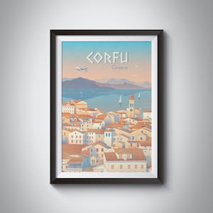 Corfu Greece Travel Poster, Greek Island, Ionian Islands, Kerkyra, Vintage Travel Print, Corfu Old Town, Spianada Square, Liston, Kassiopi