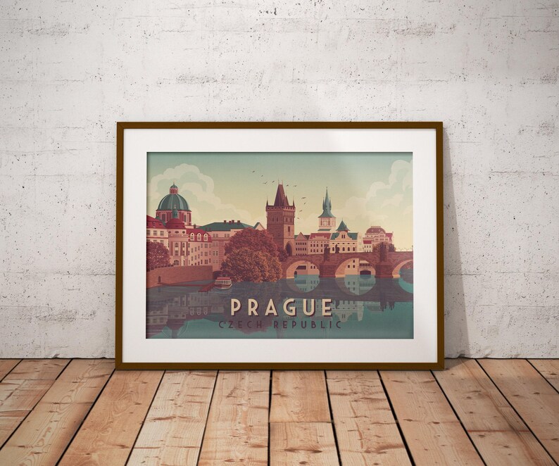 Prague Travel Poster, Czech Republic, Charles Bridge, Vltava River, Gothic Architecture, Vintage Travel Print, Eastern Europe, Interrail image 6