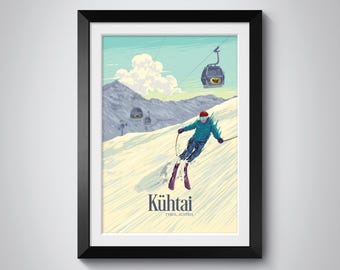 Kuhtai Ski Resort Poster, Tyrol Austria Travel Print, Austrian Alps Winter Sports Wall Art, Scenic Mountain Print, Skiing Snowboarding Decor