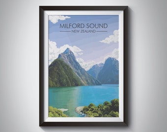 Milford Sound Poster, New Zealand Travel Print, Fiordland National Park, Doubtful, South Island, Earl Mountains, Lake Te Anau, Kiwi, Wanaka