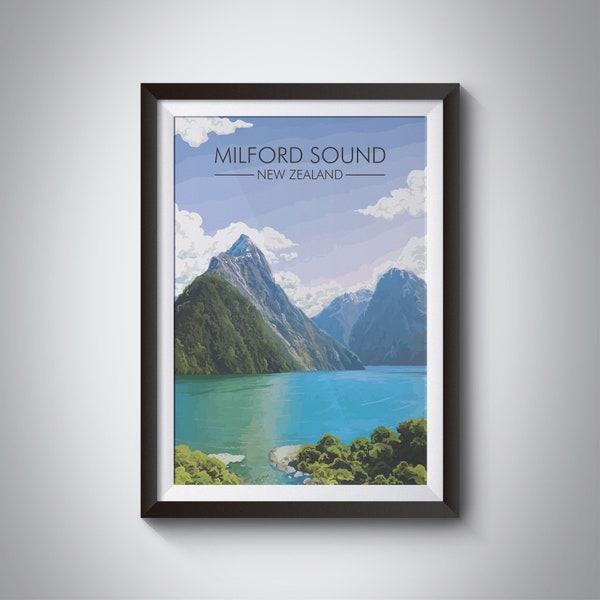 Milford Sound Poster, New Zealand Travel Print, Fiordland National Park, Doubtful, South Island, Earl Mountains, Lake Te Anau, Kiwi, Wanaka