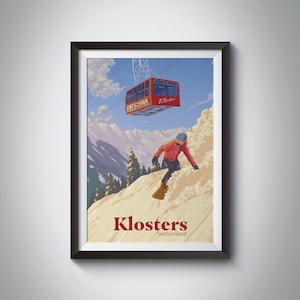 Klosters Snowboarding Poster, Swiss Alps, Switzerland Ski Resort Print, Ski Lift Art, Davos, Vintage Print, Retro Ski Poster, Skiing Gift