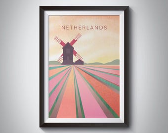 Minimalistyczny plakat podróżniczy z Holandii, wiatrak, tulipany, prosty wydruk podróżniczy, Holandia, holenderska sztuka ścienna, Amsterdam, Europa, sztuka retro, prezent w ramce