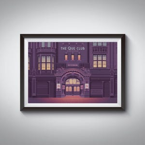 Affiche du Que Club, impression d'architecture de Birmingham, In the Que, Atomic Jam, Flashback, House of God, Bowie, Daft Punk, art mural de boîte de nuit