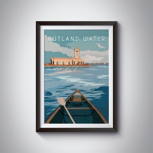 Cartel de agua de Rutland, impresión de la iglesia de Normanton, Melton Mowbray, cartel de viaje vintage, Leicestershire, castillo de Oakham, arte de la pared, Hambleton