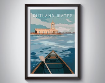 Rutland Water Poster, Normanton Church Print, Melton Mowbray, Vintage Travel Poster, Leicestershire, Oakham Castle, Wall Art, Hambleton