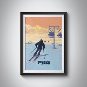 Pila Aosta Italy Ski Resort Travel Poster, Snowboarding, Vintage Skiing Artwork, Aosta Valley, Italian Alps, Champoluc , Framed Print, Gift