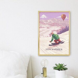 Cartel de la estación de esquí de Les Saisies, Francia, Espace Diamant, Hauteluce, Alpes franceses, Saboya, Albertville, Vintage Travel Print, Snowboard Art imagen 5