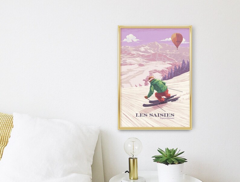 Cartel de la estación de esquí de Les Saisies, Francia, Espace Diamant, Hauteluce, Alpes franceses, Saboya, Albertville, Vintage Travel Print, Snowboard Art imagen 5