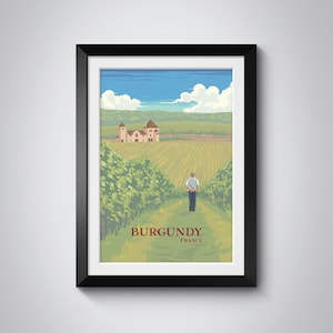 Plakat Burgundia Francja, wydruk z podróży po Francji, region winiarski Burgundii, winnica francuska, Dijon Francja, Beaune, sztuka ścienna francuska, wydruk w ramie