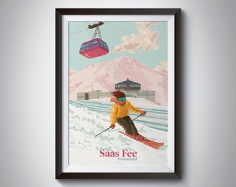 Saas Fee Ski Resort Poster, Switzerland Travel Print, Swiss Alps, Saas Valley, Zermatt, Verbier, Matterhorn Mountain, Skiing Gift, Wall Art