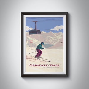 Poster skiresort Grimentz-Zinal, Zwitserland, Val d'Anniviers, Bec de Bosson, Zermatt, Alpen, vintage reisafdruk, snowboarden, retrokunst