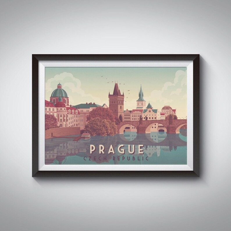 Prague Travel Poster, Czech Republic, Charles Bridge, Vltava River, Gothic Architecture, Vintage Travel Print, Eastern Europe, Interrail image 1
