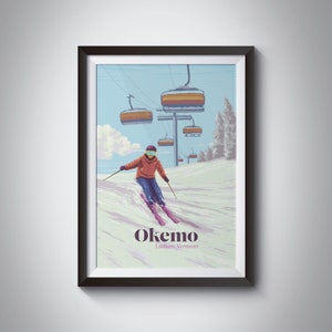 Okemo Mountain Ski Resort Poster, Ludlow, Vermont, USA, Snowboarding, Vintage Travel Print, Retro Wall Art, New England, Skiing Gift, Framed