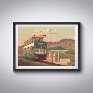 Franschhoek Wine Tram South Africa plakat podróżniczy, pociąg, wydruk podróżniczy z Cape Town, Western Cape, winnice, degustacja wina, Stellenbosch, Paarl