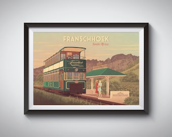 Franschhoek Wine Tram South Africa Travel Poster, Train, Cape Town Travel Print, Western Cape, Vineyards, Wine Tasting, Stellenbosch, Paarl