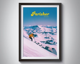 Perisher Ski Resort Poster, NSW Australia, New South Wales, Snowy Mountains, Perisher Blue, Snowies, Vintage Travel Poster, Snowboarding Art