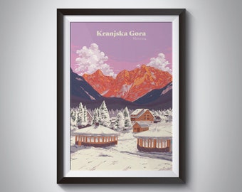 Kranjska Gora Slovenia Ski Resort Poster, Skiing Print, Triglav National Park, Snowboarding, Gift for Skier, Wall Art Print, Retro Ski Print