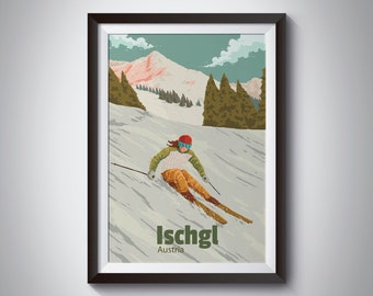 Ischgl Ski Resort Poster, Austria Travel Print, Paznaun Valley, Snowboarding, St Anton, Ski Season, Tyrol, Vintage Ski Art, Skiing Gift