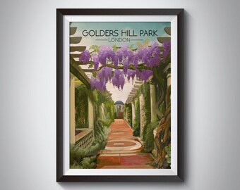 Golders Hill Park Poster, London Travel Poster, Golders Green, Pergola, Butterfly House, Hampstead Heath, Wall Art Print Gift, Highgate