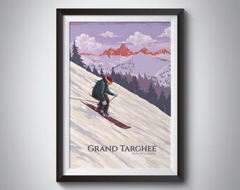 Pôster turístico da estação de esqui Grand Targhee, Wyoming, EUA, Floresta Nacional Caribou Targhee, Jackson Hole, Parque Nacional Grand Teton, Snowboard