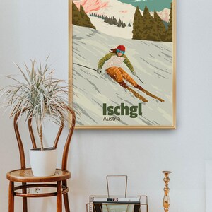 Póster de la estación de esquí de Ischgl, impresión de viaje a Austria, valle de Paznaun, snowboard, San Antón, temporada de esquí, Tirol, arte vintage de esquí, regalo de esquí imagen 4