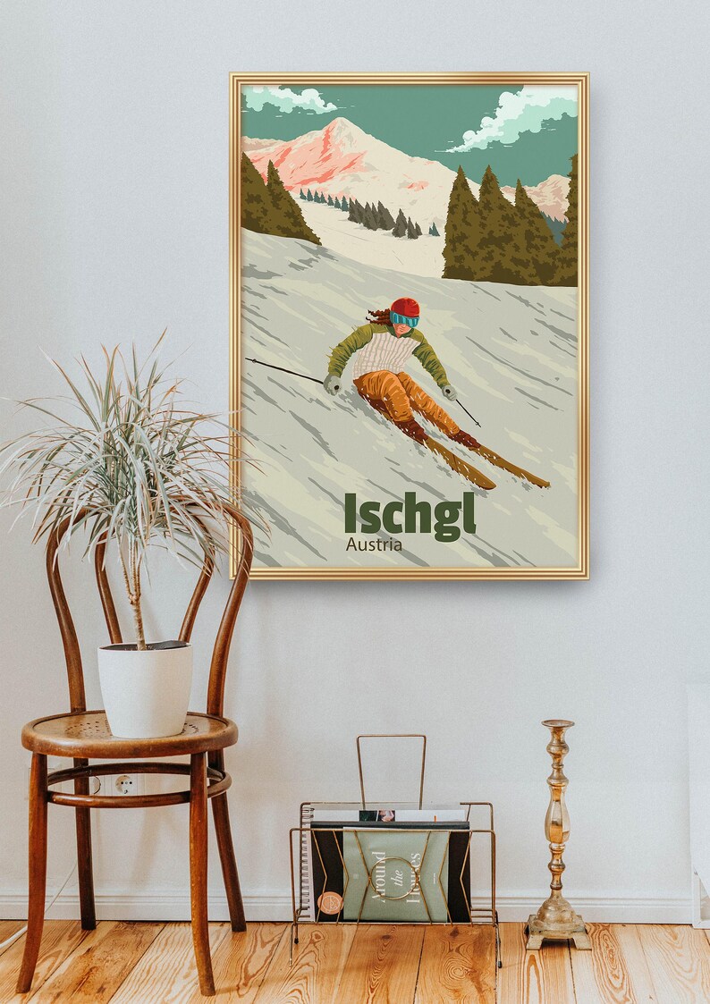Póster de la estación de esquí de Ischgl, impresión de viaje a Austria, valle de Paznaun, snowboard, San Antón, temporada de esquí, Tirol, arte vintage de esquí, regalo de esquí imagen 4