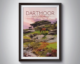 Dartmoor National Park Poster, Travel Print, Retro Railway Print, Devon, Dartmoor Pony, Exmoor, Horses, Ponies, Vintage Travel Poster, Gift