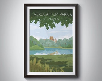 Verulamium Park Poster, St Albans Travel Print, St Albans Abbey Wall Art, Hertfordshire, Roman City, Cathedral, Vintage Travel Poster Nature