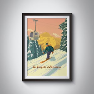 Cartel de la estación de esquí La Chapelle d&#39;Abondance, Alpes franceses, Impresión de esquí vintage, Portes du Soleil, Remonte, Mapa de senderos, Morzine, Avoriaz