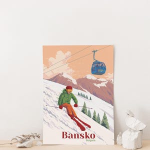 Bansko Bulgaria Ski Resort Poster, Travel Poster, Wall Art, Snowboarding, Vintage Skiing Print, Retro Ski Artwork, Gift for Skier, Mountains image 2