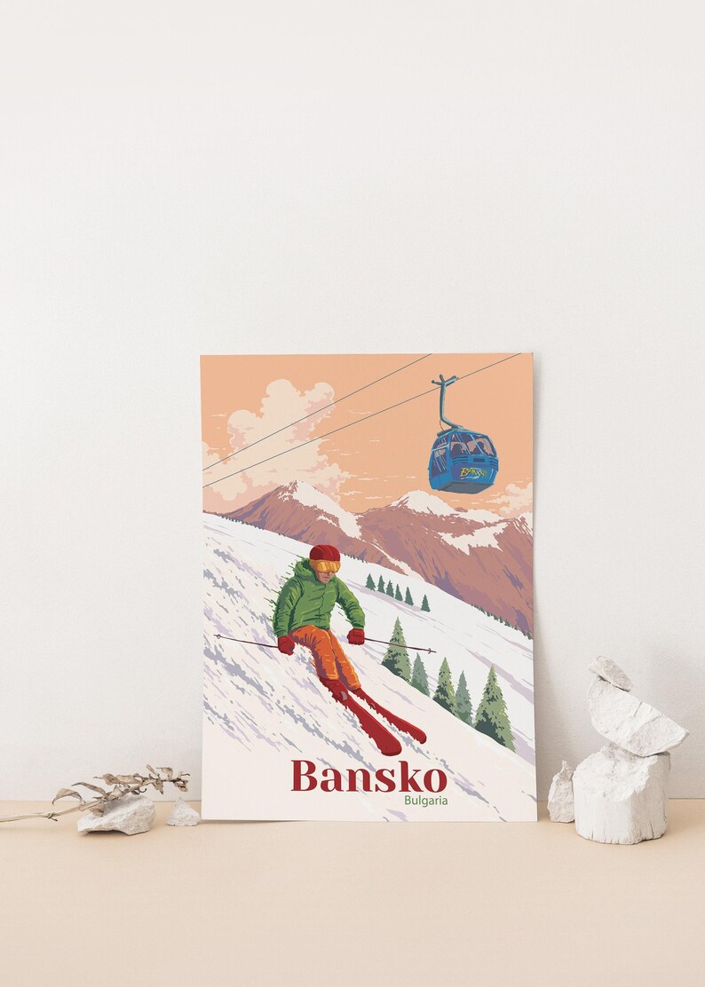 Bansko Bulgaria Ski Resort Poster, Travel Poster, Wall Art, Snowboarding, Vintage Skiing Print, Retro Ski Artwork, Gift for Skier, Mountains image 2