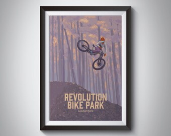 Revolution Bike Park Mountainbike Poster, Wales, Berwyn Gebirgskette, Revs, Biker-Trail, Radfahren, Vintage Reise-Druck, Berg, gerahmt