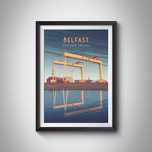 Beltz Nordirland Reiseplakat, Samson und Goliath Cranes, Queen's Island, Harland und Wolff, irischer Reisedruck, Wandkunst gerahmt Bild 1