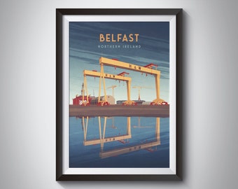 Belfast Northern Ireland Travel Poster, Samson and Goliath Cranes, Queen's Island, Harland and Wolff, Irish Travel Print, Wall Art Framed