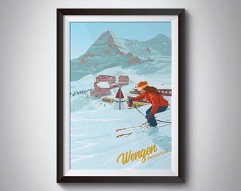 Wengen Ski Resort Poster, Switzerland Skiing Print, Swiss Alps, Eiger North Face, Travel Poster, Retro Wall Art, Jungfrau, Grindelwald