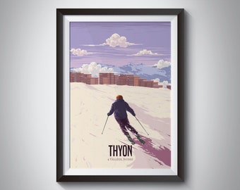 Thyon Switzerland Ski Resort Travel Poster, Swiss Alps Print, Skiing, Snowboard, Verbier, 4 Vallees, Bruson, Tzoumaz, Veysonnaz, Framed Art