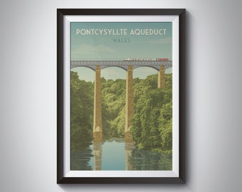 Pontcysyllte Aqueduct Poster, Wrexham Wales Travel Poster, Narrowboat Wall Art, Llangollen Canal, Vintage Travel Print, Welsh Wall Art Gift