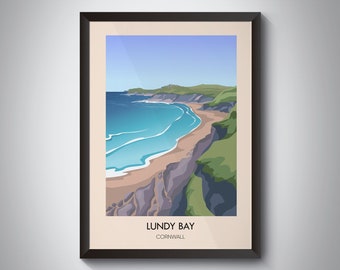 Lundy Bay Cornwall Reiseplakat, Polzeath, Port Isaac, Vintage Reisedruck, kornische Wandkunst, Lundy Bay Strand, Meer, Port Quin, Pentire