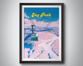 Póster de la estación de esquí Jay Peak, Vermont (EE. UU.), Montañas Verdes, Nueva Inglaterra, estación de esquí Burke Mountain, snowboard, impresión retro de esquí, Estados Unidos