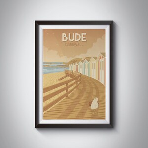 Bude Cornwall Poster, Seaside Wall Art, North Cornwall, Beach Huts, Cornish, Illustration, Gift, Summerleaze, Crooklets, Retro Travel Print
