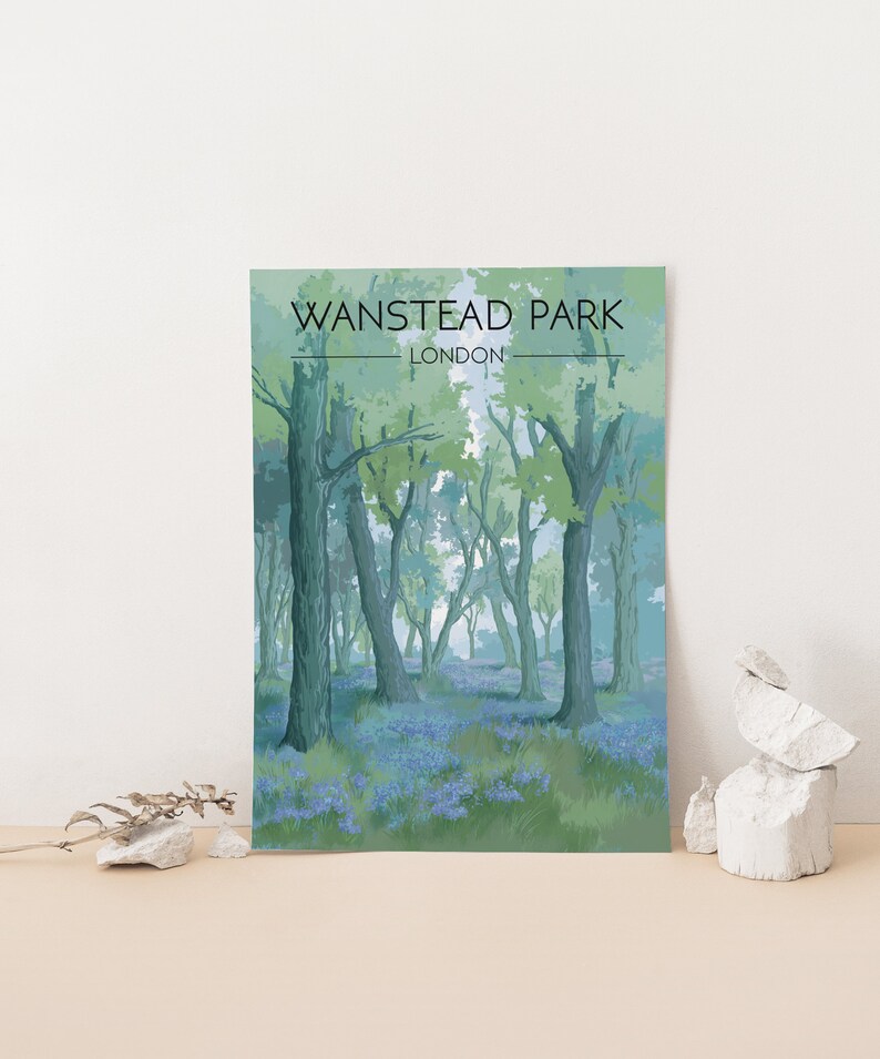 Wanstead Park Poster, London Travel Print, Wanstead Flats, Walthamstow, Leytonstone, East London, Bluebells, Forest Nature, Vintage Wall Art image 2